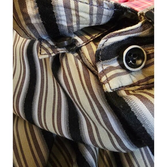 Tommy Bahama Size Medium Mens Silk Black Sage Gray Stripe Button Down Logo Shirt - Picture 11 of 11